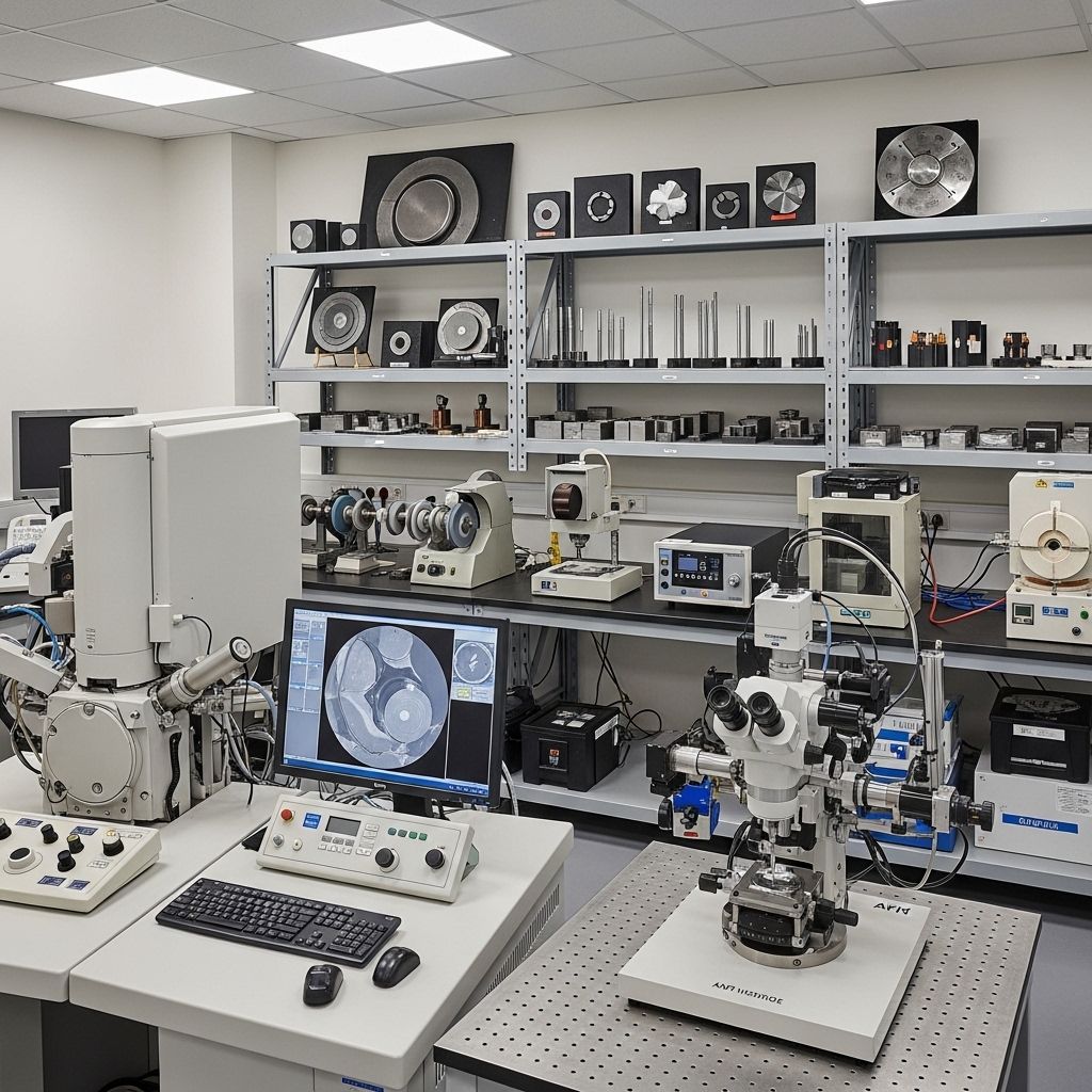 Industrial research laboratory interior with high-precision metallurgical testing equipment and metal specimen racks along steel shelving units