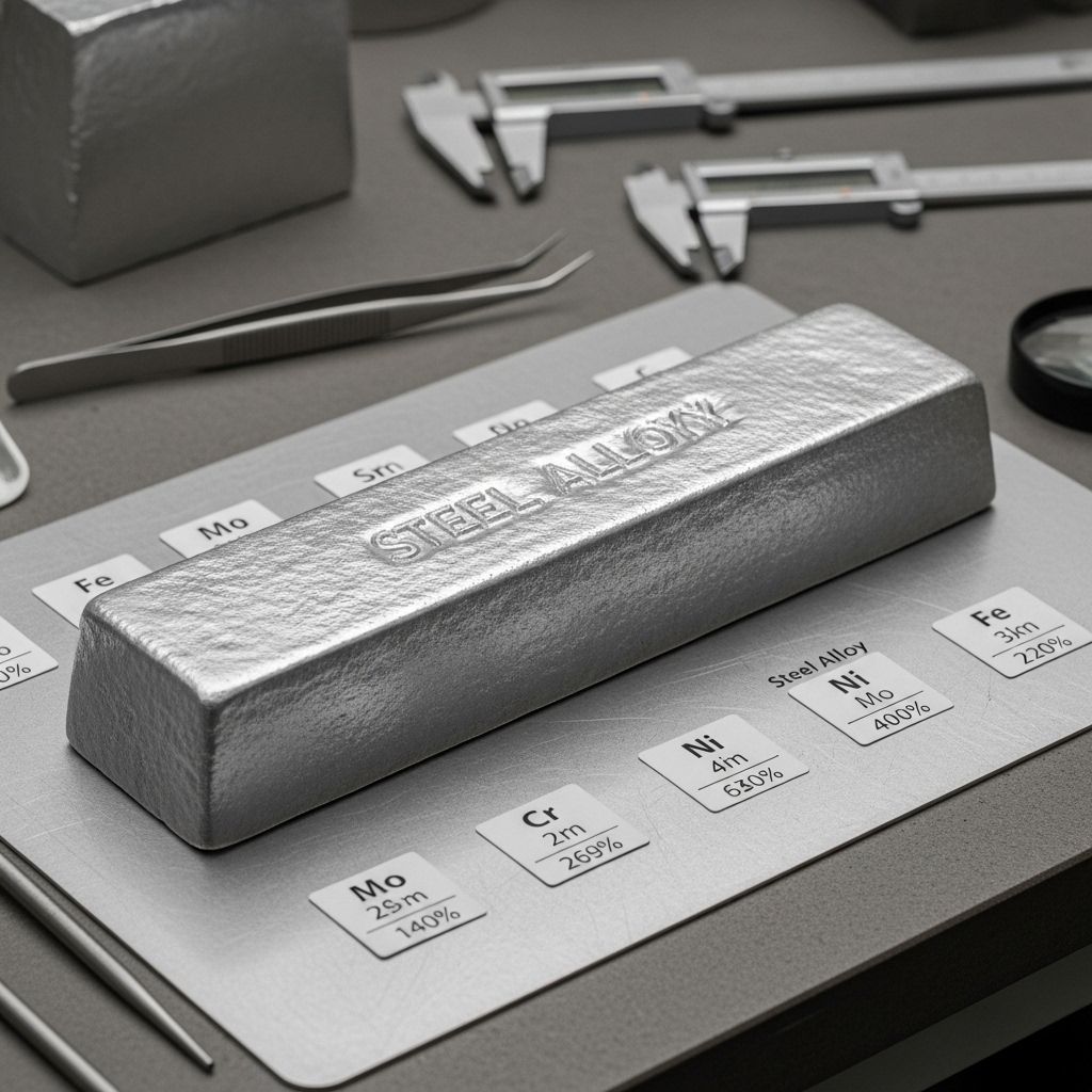Laboratory metallurgy sample of steel alloy ingot with elemental composition labels on a technical workbench surface