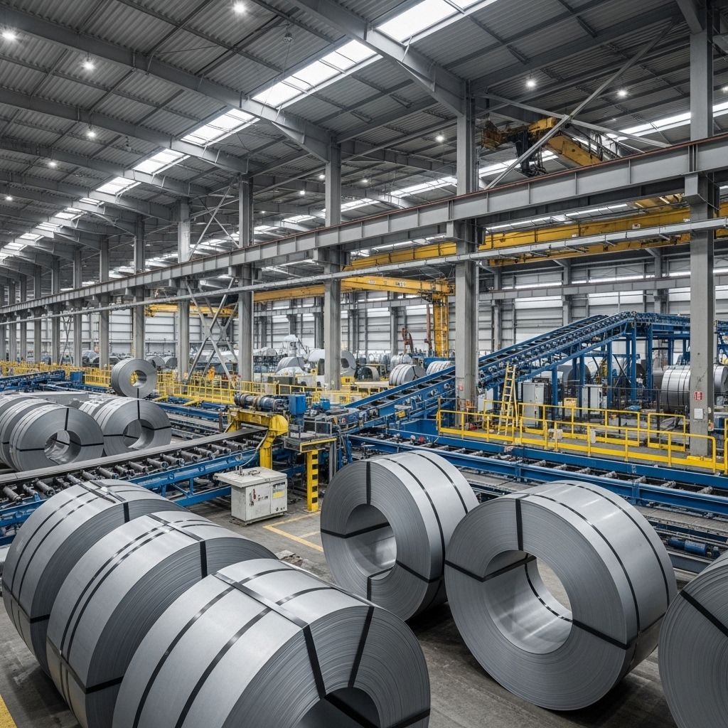 Wide-angle view of a modern steel structural engineering facility with large rolled steel coils and industrial conveyor systems under high bay lighting