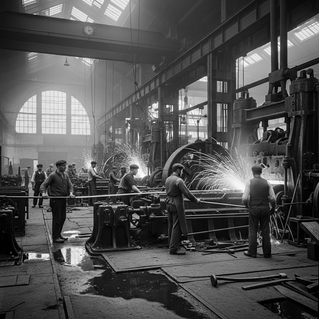 Vintage black-and-white photograph of early twentieth century steel rolling mill with workers operating heavy industrial machinery
