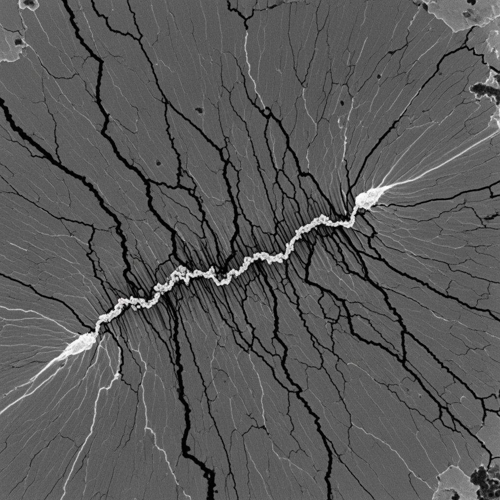 Detailed transmission electron microscopy image of metal crystal grain boundaries showing dislocation lines in a high-resolution scientific view