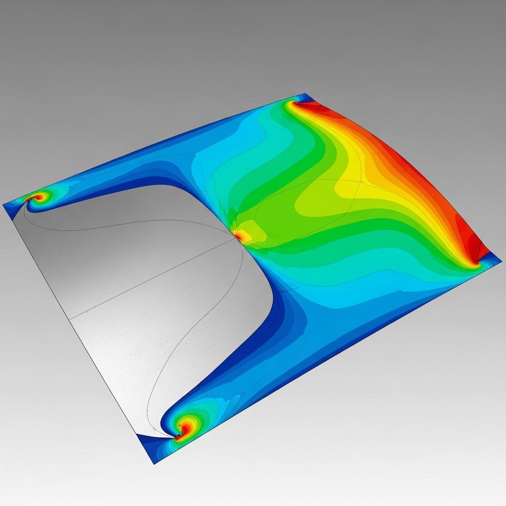 Engineering stress distribution diagram showing colour-coded finite element analysis of a curved steel panel under compressive loading