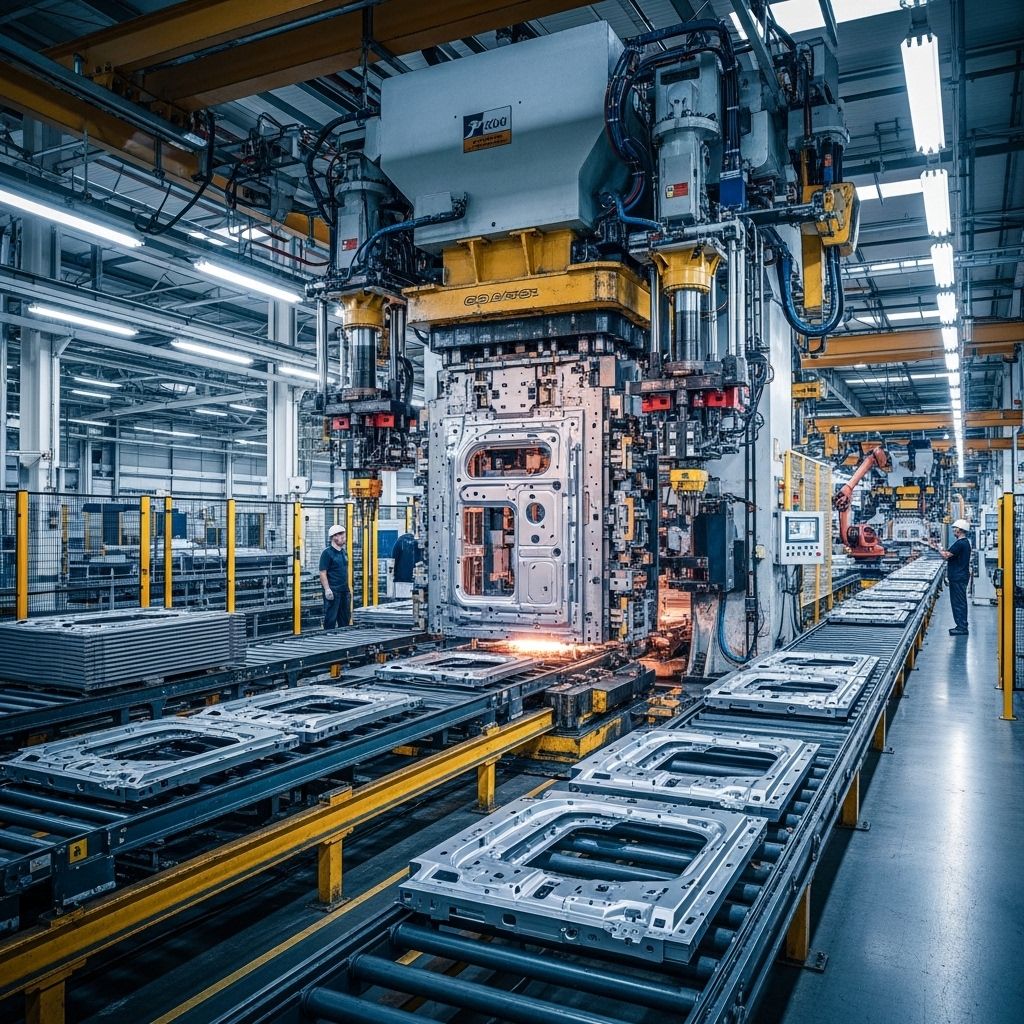 Modern automobile steel panel manufacturing production line with robotic stamping press forming large body panels in factory environment