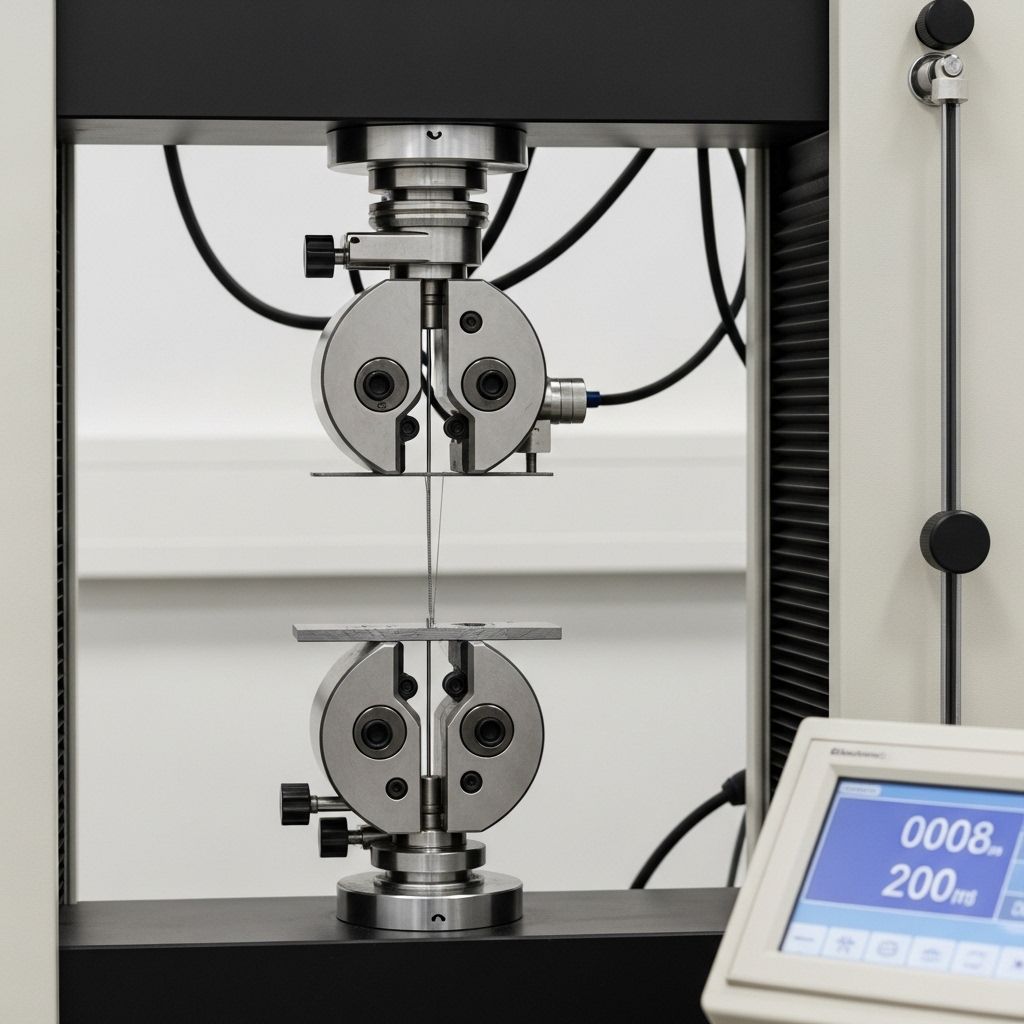 Engineering laboratory tensile testing machine gripping a metal specimen with digital strain measurement display visible