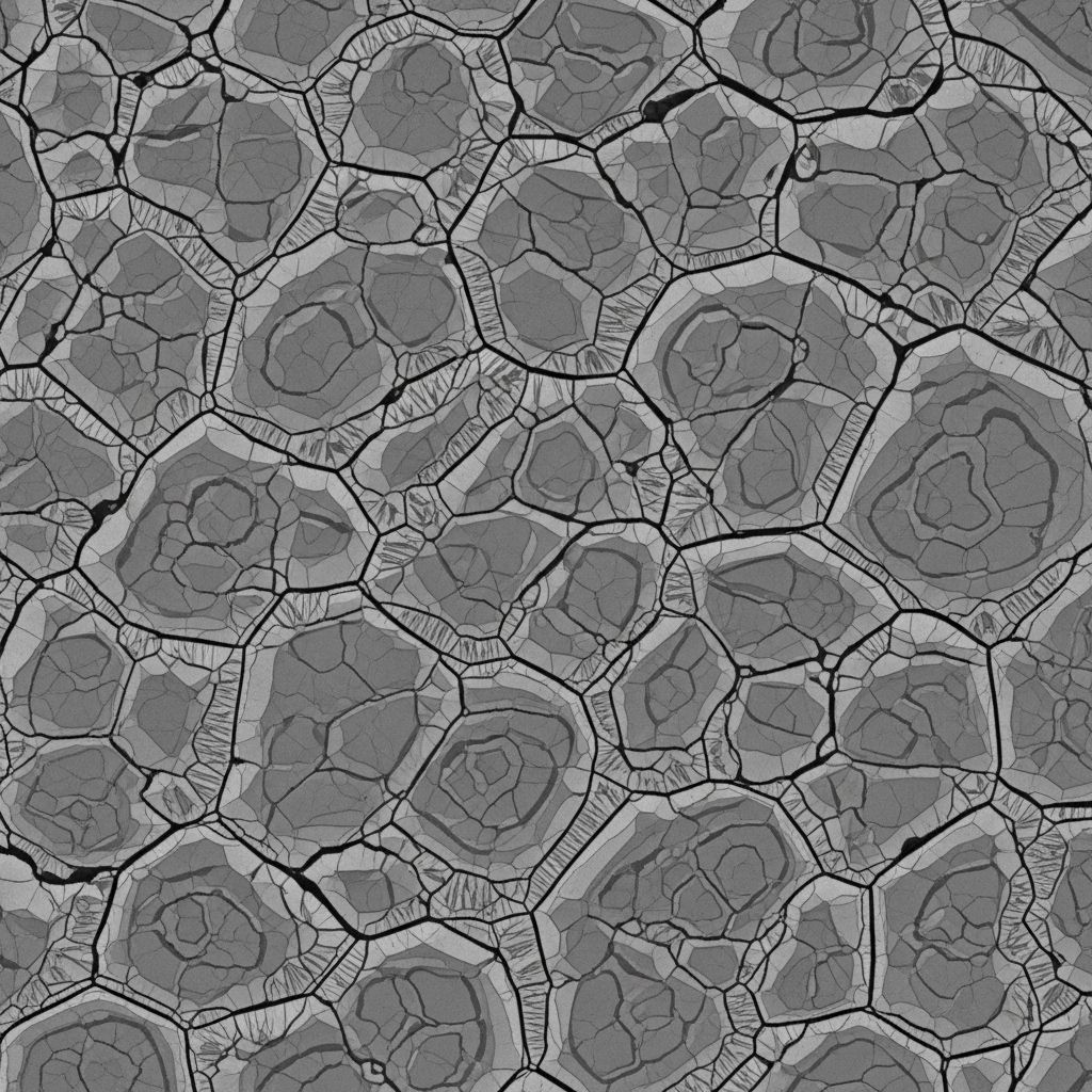 Highly magnified metallographic cross-section of steel grains showing crystal lattice boundaries under electron microscopy in laboratory setting