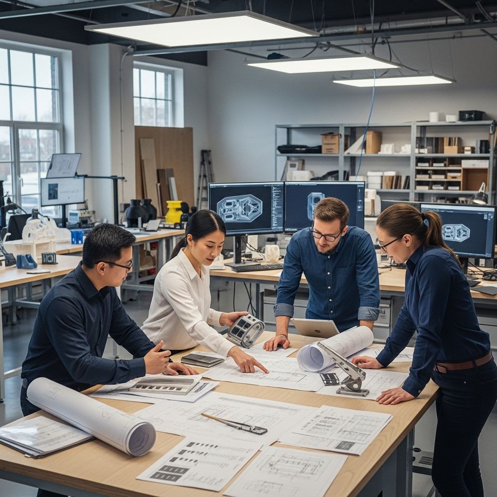 Engineering team in a modern industrial design studio reviewing technical blueprints and material specification sheets on a large workbench