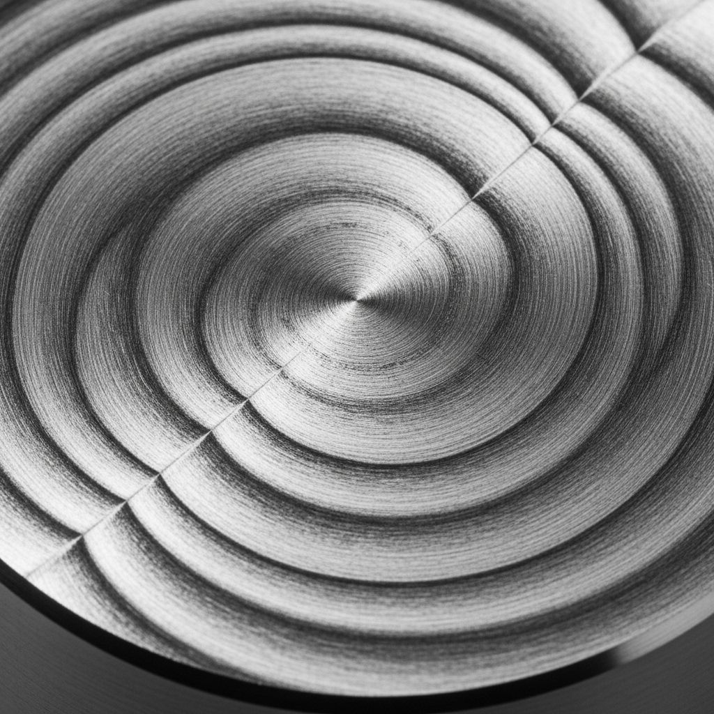 Macro photograph of a polished steel billet cross-section showing concentric ring patterns and grain flow under directional white studio lighting