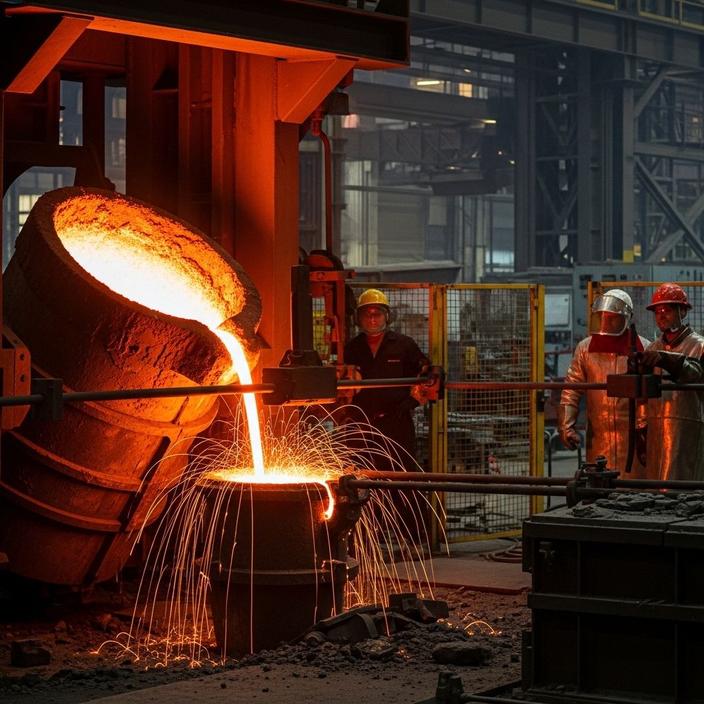 Industrial steel furnace glowing orange-red with molten metal flowing in a controlled manufacturing environment